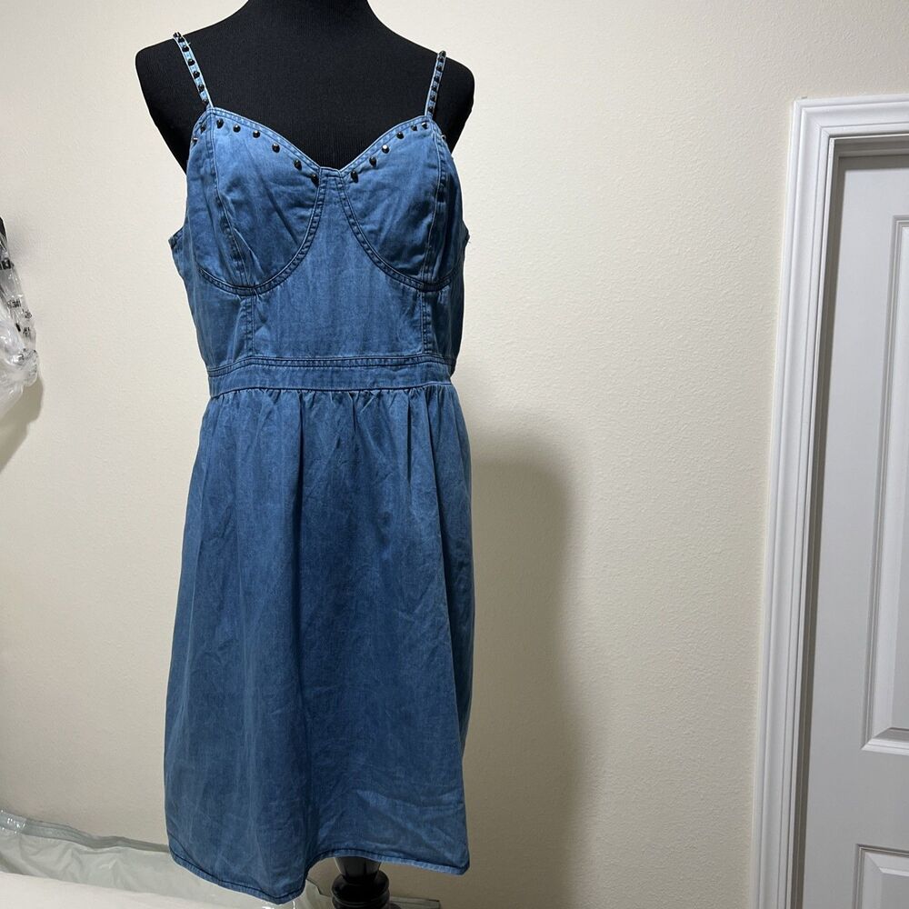NWT Dizzy Lizzy Denim Chambray Sleeveless Mini Dress L Studded Straps Punk Y2K